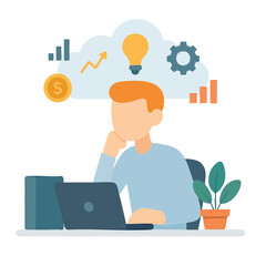 Flat Illustration Thinking Man with Laptop in the Office Concept
