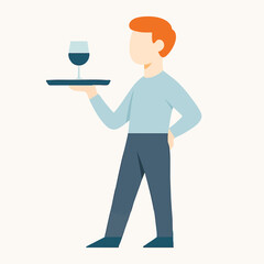 Flat Style Detailed Waiter Carrying Wine Glass and Tray Illustration