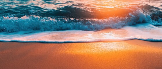 Vibrant sunset waves gently wash onto a golden sandy beach, creating a tranquil and colorful seaside scene.