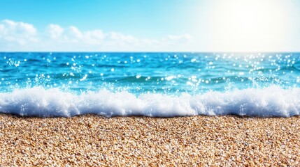 A sunny beach with clear blue waves gently crashing onto a pebbled shore under a bright sky.
