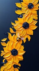 Bright yellow sunflowers and a bee are artistically depicted on a dark textured background.