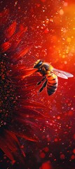A bee collects pollen from a vibrant red flower under warm, glowing sunlight with sparkling particles in the air.