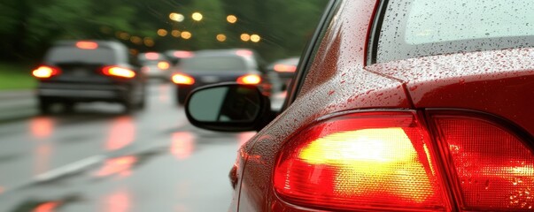 A red car with rain droplets on its surface is stopped in traffic, with its brake lights on during a wet, overcast day.