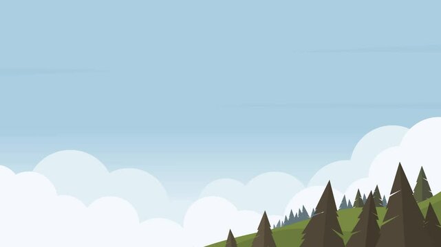 Peaceful mountain landscape with pine trees under blue sky and layered white clouds animation background