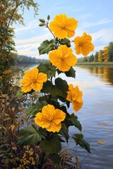 Bright yellow flowers bloom by a calm riverside, surrounded by green foliage and reflected under a blue, partly cloudy sky.