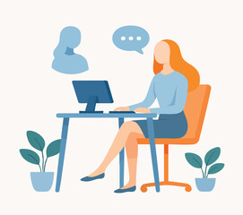 Flat Woman Working at Desk with Computer and Online Communication Illustration
