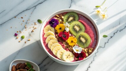 Top-down view of a colorful smoothie bowl topped with granola, kiwi, banana, and edible flowers, placed on a marble counter with sunlight streaks. Bright and tropical feel.