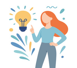 Flat Style Woman with Bulb Idea Creative Thinking Illustration