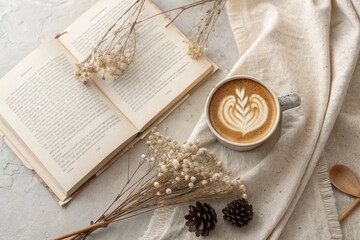 Flatlay of an oat milk latte with latte art in a ceramic mug, next to a book, dried flowers, and a linen napkin on a textured neutral background. Soft and minimal tones.