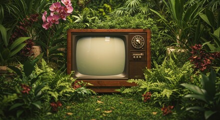 Vintage Television Amidst Lush Tropical Foliage - Retro television set nestled in vibrant tropical plants, symbolizing nostalgia, nature's embrace, technological evolution, hidden secrets