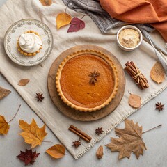 Top-down flatlay of a freshly baked pumpkin pie on a linen cloth, surrounded by cinnamon sticks, whipped cream, fall leaves, and rustic plates. Cozy autumn tones.