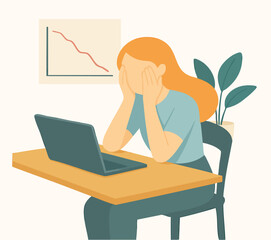 Flat Illustration Frustrated Woman Working from Home with Laptop Business