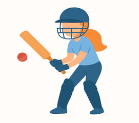 Flat Design Female Cricket Player Hitting Ball with Bat Illustration