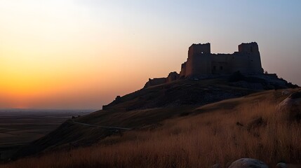 Fototapeta premium Sunset Silhouette of Ancient Hilltop Castle Ruins