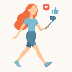 Flat Style Walking Woman Taking Selfie with Smartphone Stick Illustration