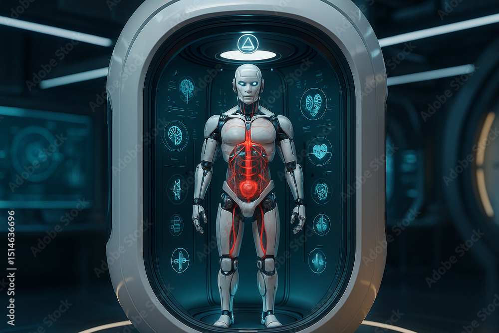 Poster ai generated sci-fi scene of a humanoid robot inside a high tech medical pod showing internal anatom