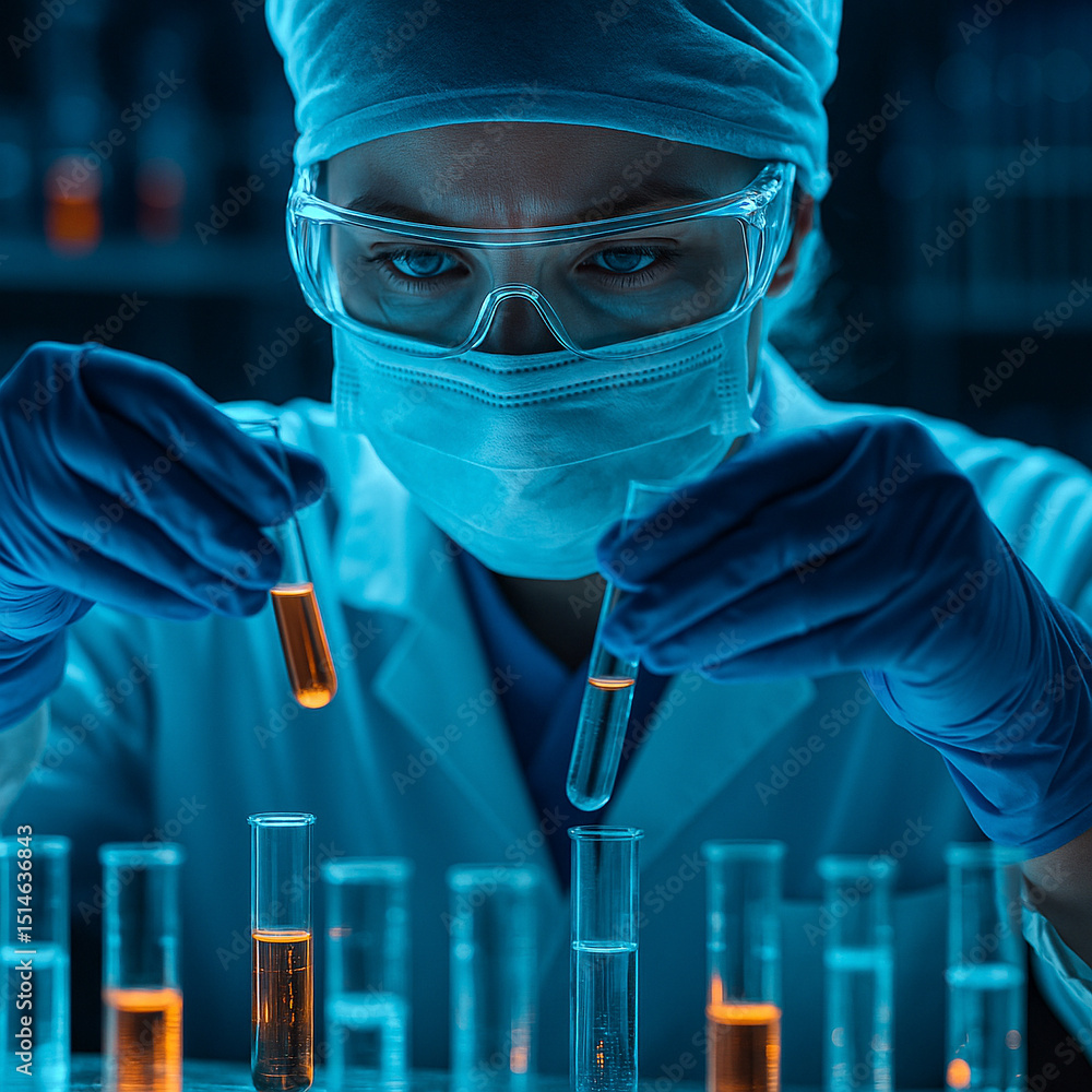 Aufkleber ai generated image of a female scientist intensely analyzing glowing test tubes in a high-tech lab h