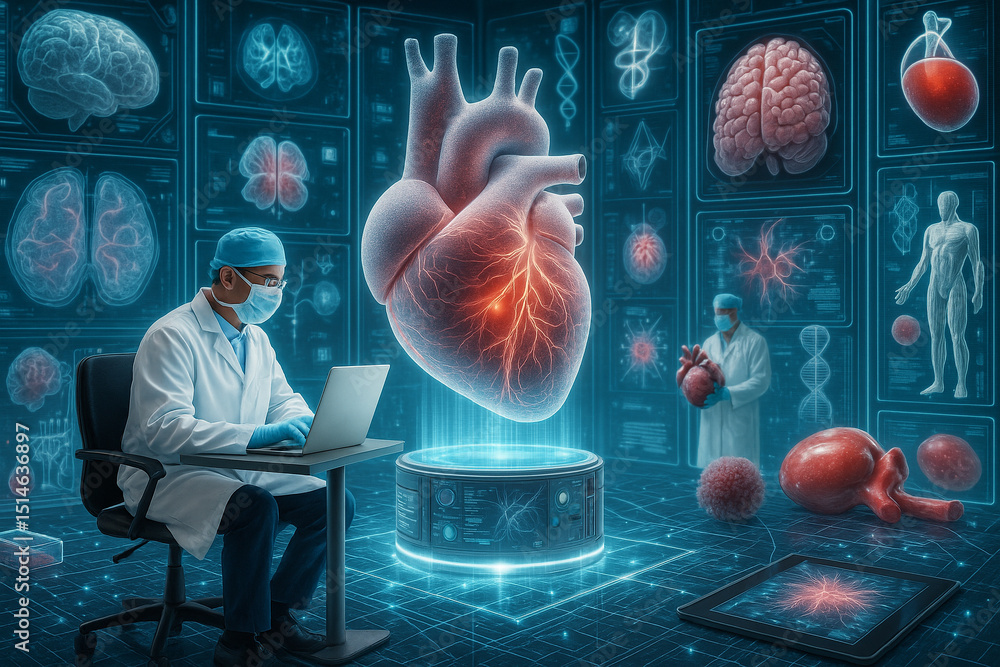 Poster ai generated sci-fi medical scene showing a scientist analyzing a holographic human heart with detai