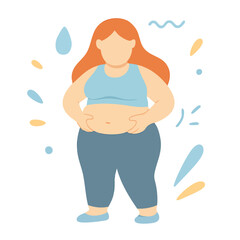 Flat Graphic Overweight Woman Holding Belly Fat Shape Illustration