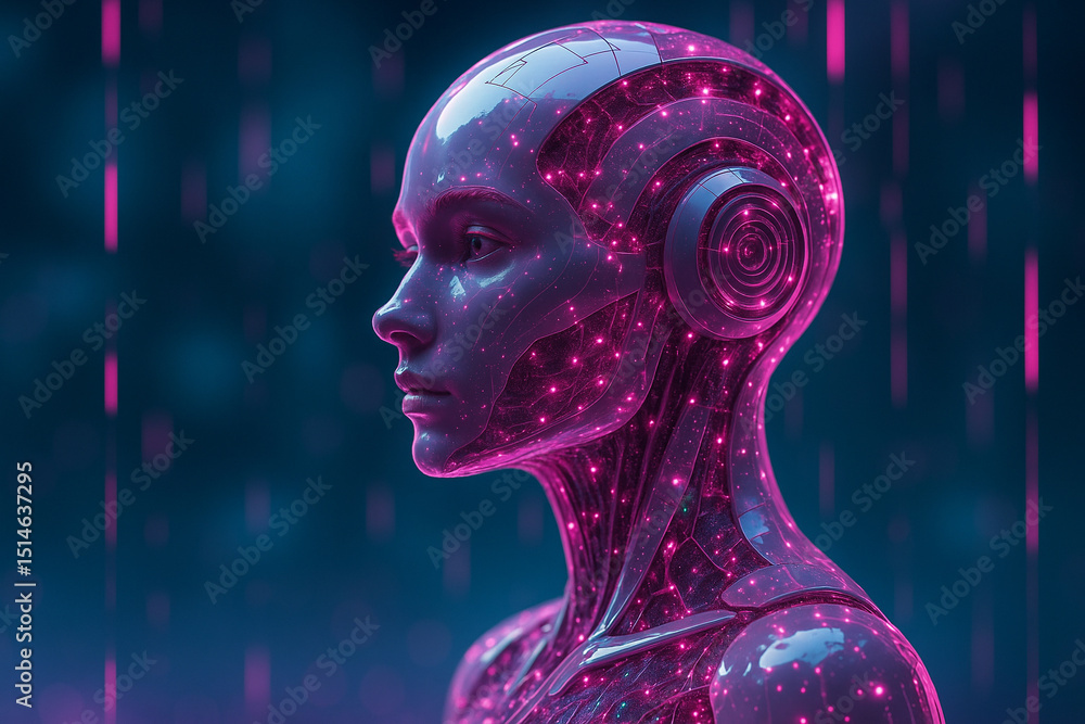 Poster ai generated image of a sleek female android with glowing pink and purple circuitry beneath glossy t