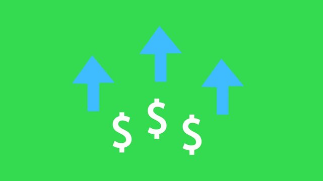 Dollar rate increase arrow icon animation on green screen,