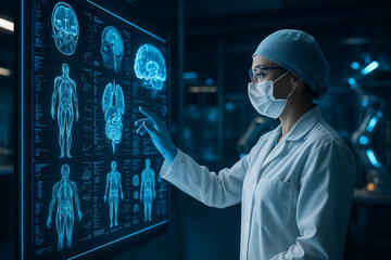 AI generated futuristic medical lab scene showing a female doctor using a holographic display to analyze MRI scans with AI support in a sterile high-tech environment