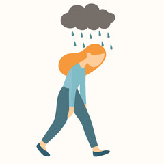 Flat Illustration Depressed Woman Walking Under Rain Cloud Emotion Concept
