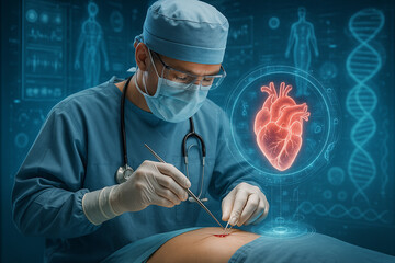 AI generated digital image of a futuristic surgeon operating with holographic heart interface and advanced medical technology in a sci-fi surgical room.