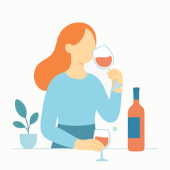 Flat Simple Illustration Woman Enjoying Red Wine Drink Relaxation Lifestyle