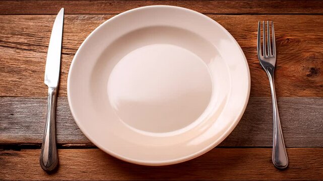 A beautifully arranged empty plate setting with fork and knife on rustic wood surface.