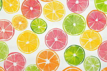 Tropical citrus fruit seamless pattern with fresh lemon, orange, and lime slices, a juicy vector illustration for healthy food backgrounds
