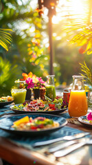 Outdoor vegan dining setup with colorful dishes and fresh juices