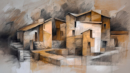 visual identity for art documentary | geometry in nature | contemplative stillness | soft warm browns | diagonal anchoring | stone house forms | structural color planes | layered modeling | southern