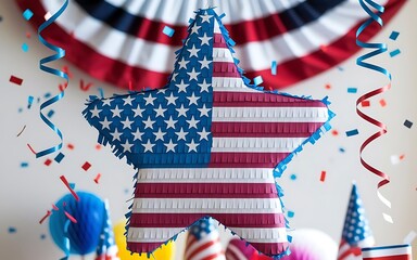 Fototapeta premium Usa national pride design with energetic fireworks display, charming bunting, crisp typography, and balanced red white blue accents on a rich dark background for fourth of july festivities