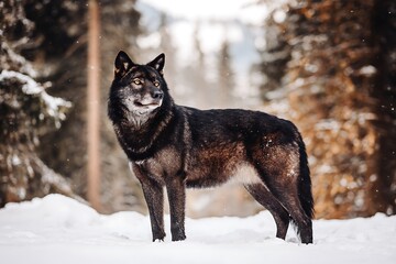 Obraz premium Black wolf standing in winter landscape