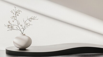 White Vase with Dried Plant on Black Curved Display Platform