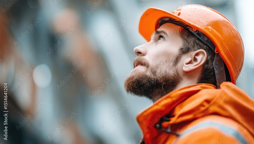 Poster construction worker looking upward wearing hard hat, representing infrastructure progress and career