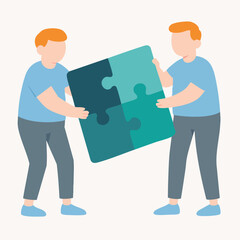Flat Two People Assembling Big Jigsaw Puzzle Collaboration Illustration