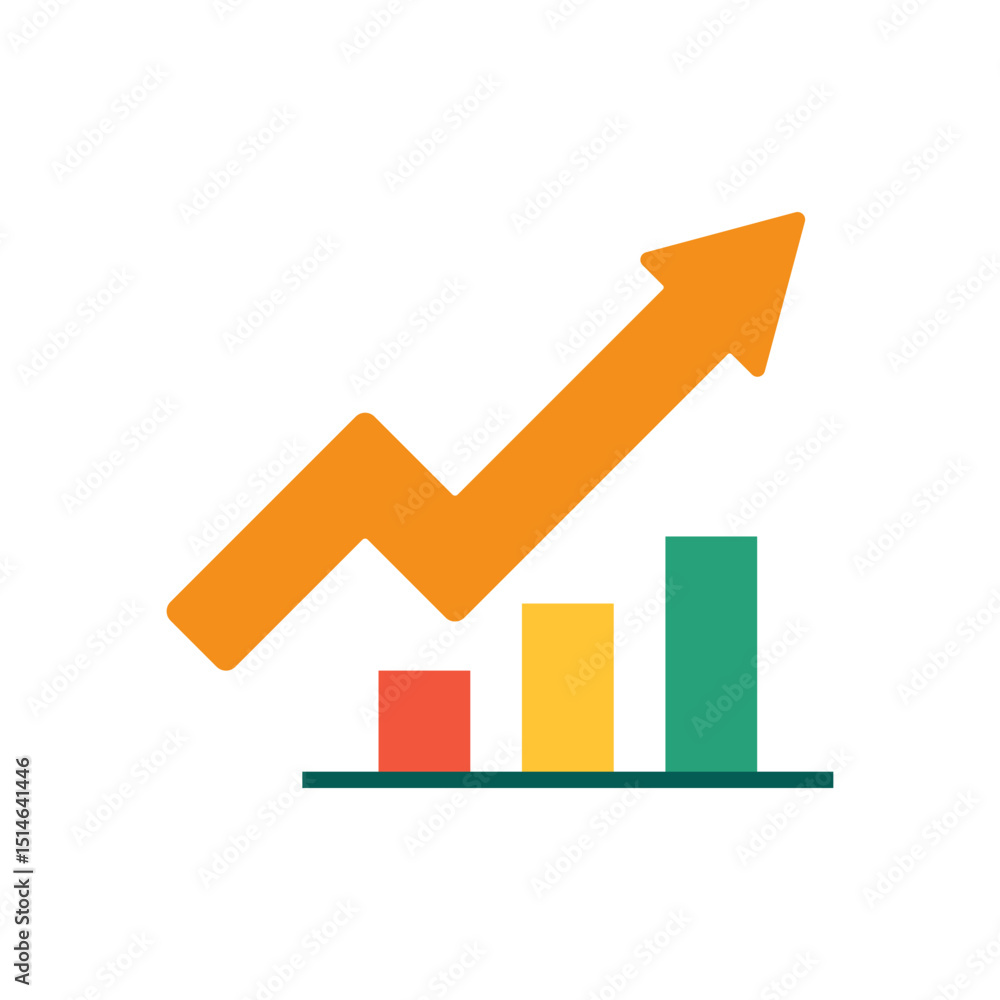 Poster minimalist vector icon showing rising bar graph and orange arrow symbolizing success and upward tren