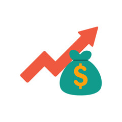Flat design of income boost with upward trend arrow and cash sack symbolizing economic success or revenue rise