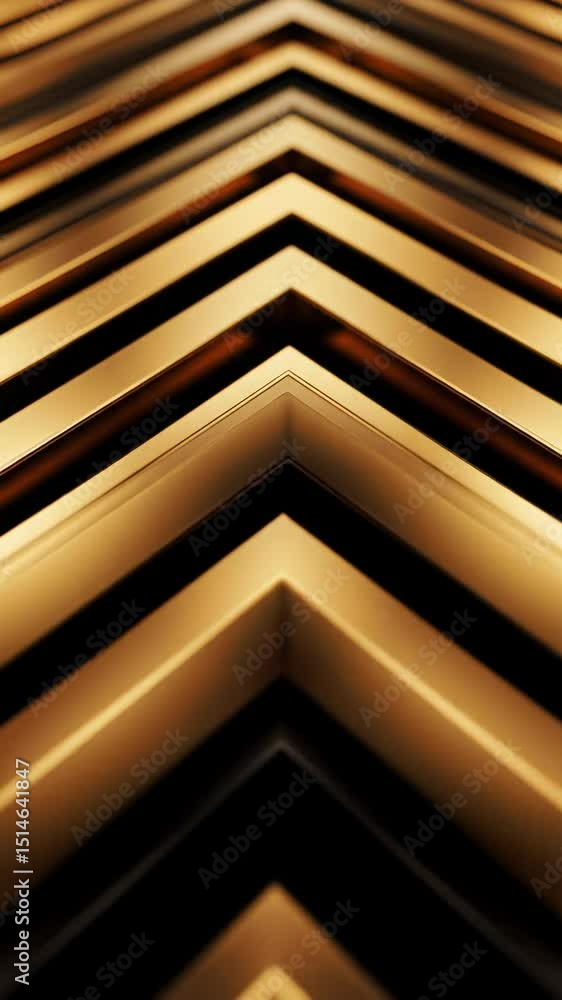 Poster dynamic abstract geometric pattern of golden and black metallic chevrons converging & expanding with
