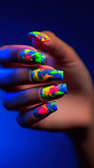 Neon almond nails bursting with abstract color on a cheerful female hand