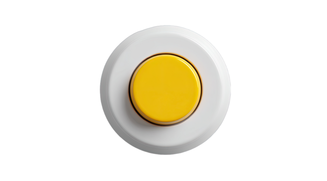 A bright yellow button, centered on a white circular plate