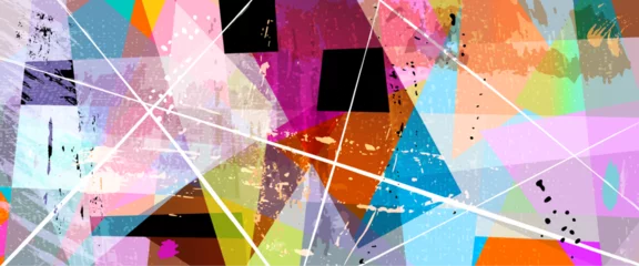 Gordijnen abstract background pattern, with trapeze, squares, triangles, paint strokes and splashes © Kirsten Hinte