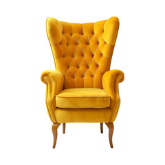 A yellow velvet wingback chair isolated on transparent background png