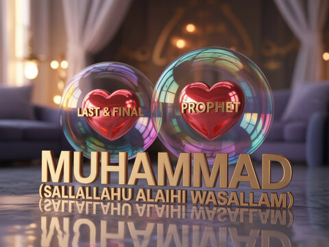 Elegant 3d illustration depicting prophet muhammad with hearts and bubbles