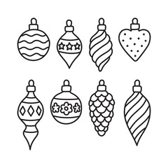 Coloring page of Christmas tree toys, decor, Christmas decorations. Black and white illustration.