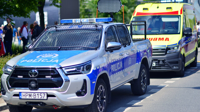 Warsaw, Poland. 25.05.2025. Police sign on police car. Polish police.