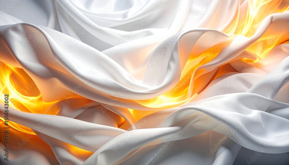 Poster abstract artistic composition featuring flowing white fabric with dynamic folds and golden glowing l