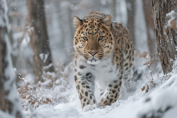 Fototapeta premium A photorealistic depiction of the rare Amur leopard in motion through a snowy forest. 